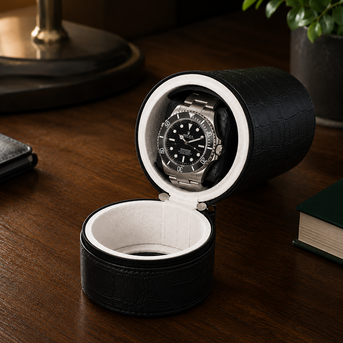 Portable Automatic Watch Winder - Compact Black Travel Case - packaging