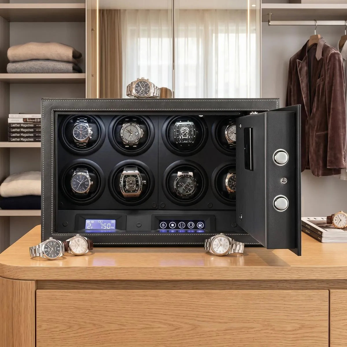 8-Watch Biometric Safe Winder - Fingerprint, PIN & Key - open view
