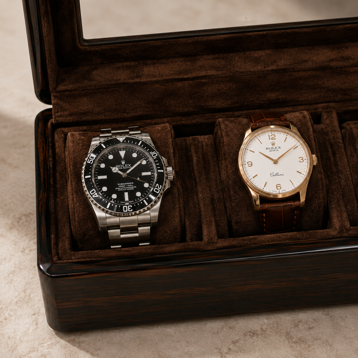 6-Slot Mahogany Watch Box with Glass Display Window - packaging
