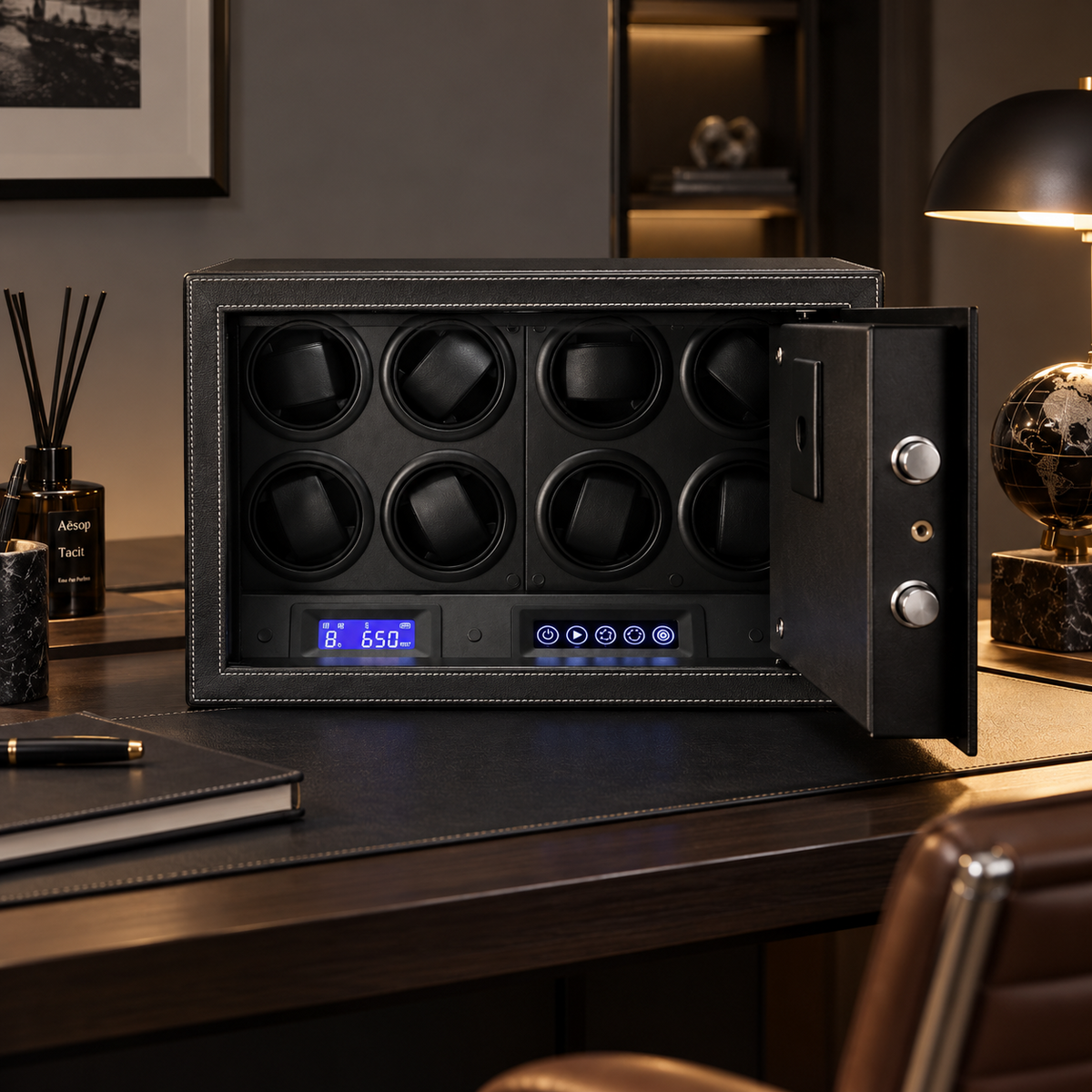 8-Watch Biometric Safe Winder - Fingerprint, PIN & Key - open view